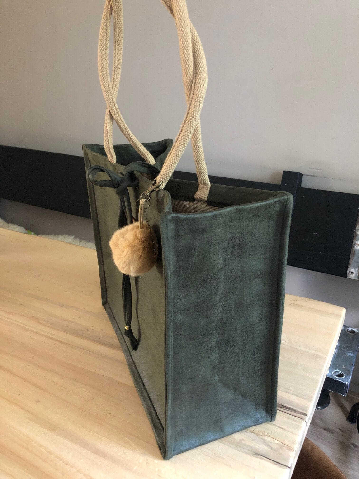 Jute shopper bekleed met mosgroene scuba leatherlook - Afbeelding 3
