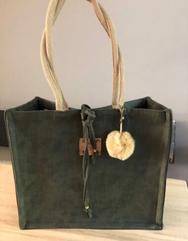 Jute shopper bekleed met mosgroene scuba leatherlook