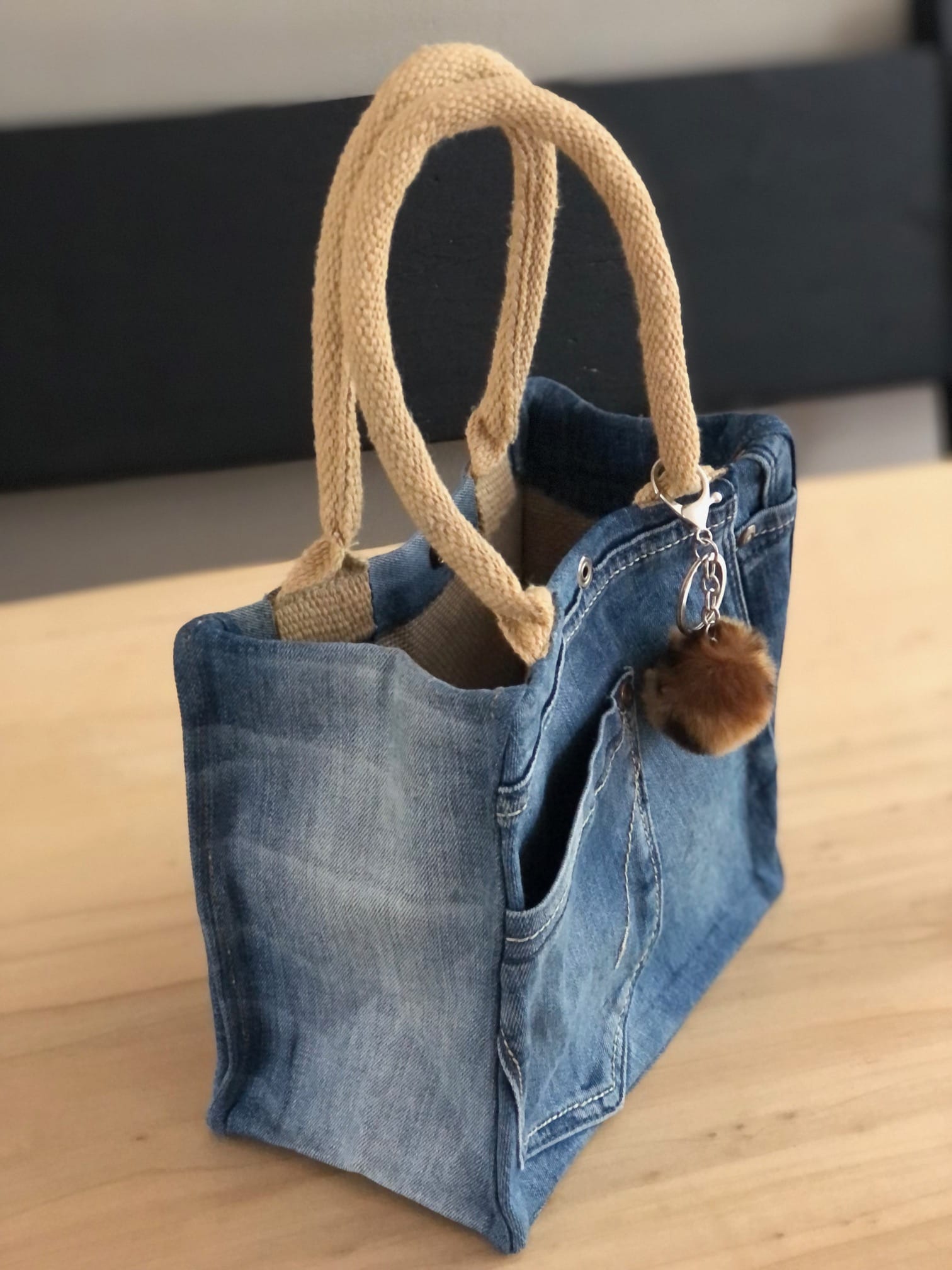Kleine jute tas bekleed met blue denim (Ibizastyle) - Afbeelding 5