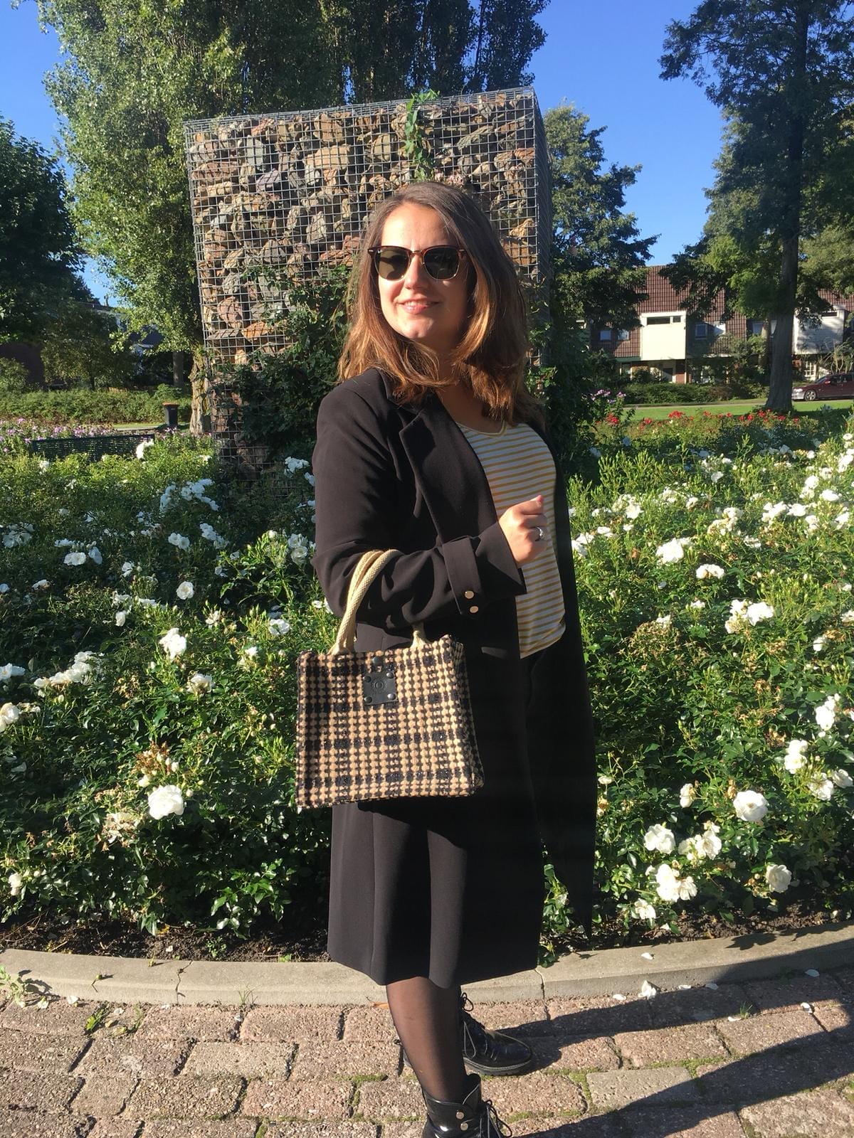 Kleine jute tas bekleed met chique camel zwarte ruitstof met glittertje - Afbeelding 3