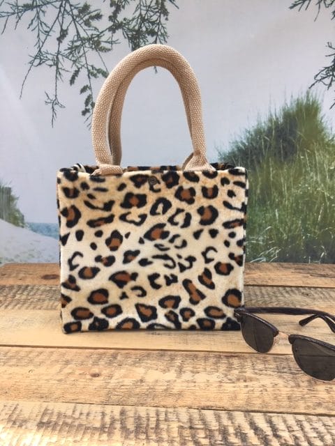 Kleine jute tas bekleed met bontachtige stof in luipaardprint - Afbeelding 2