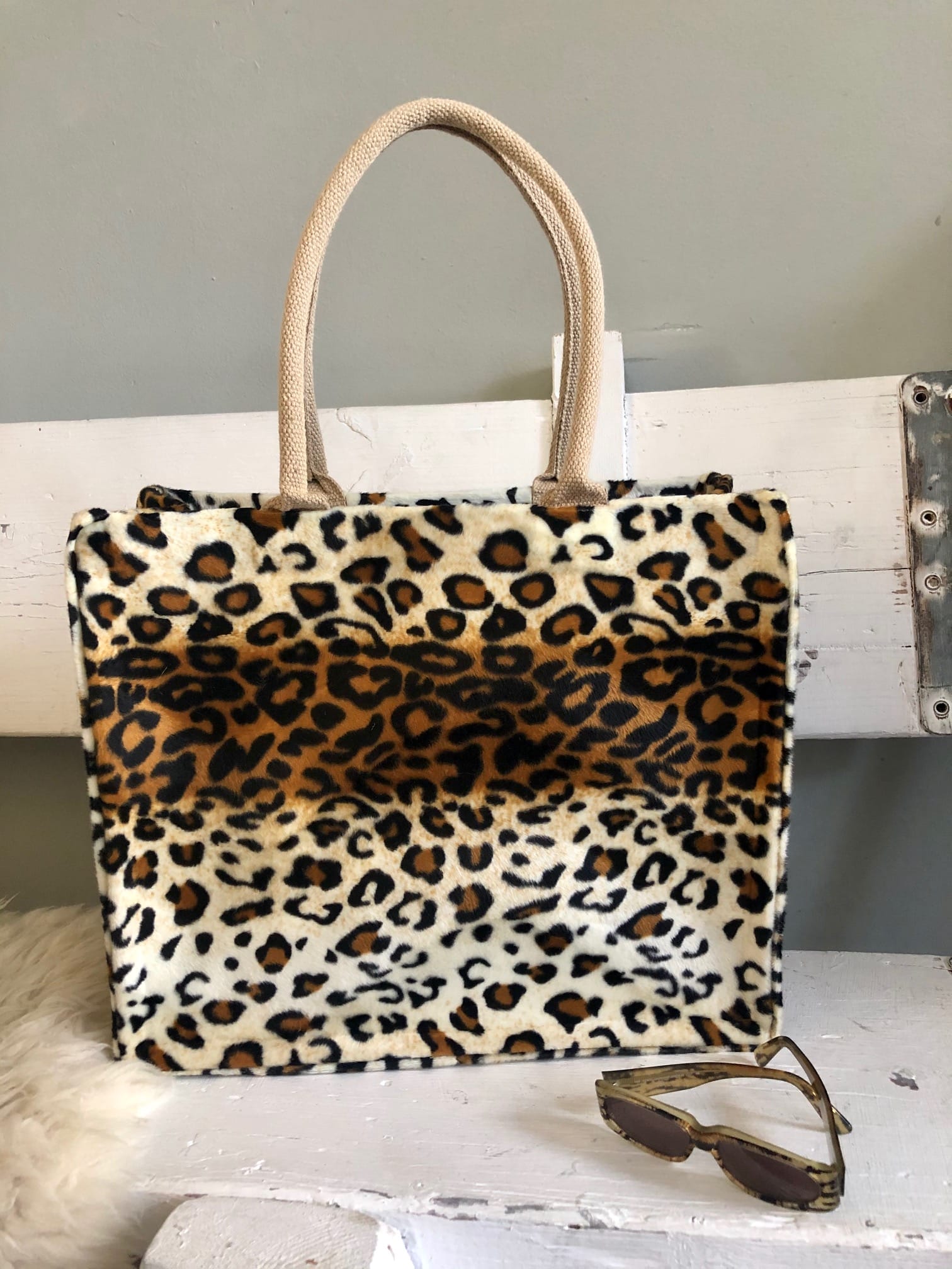 Duurzame jute shopper bekleed met bontachtige luipaardprint - Afbeelding 2