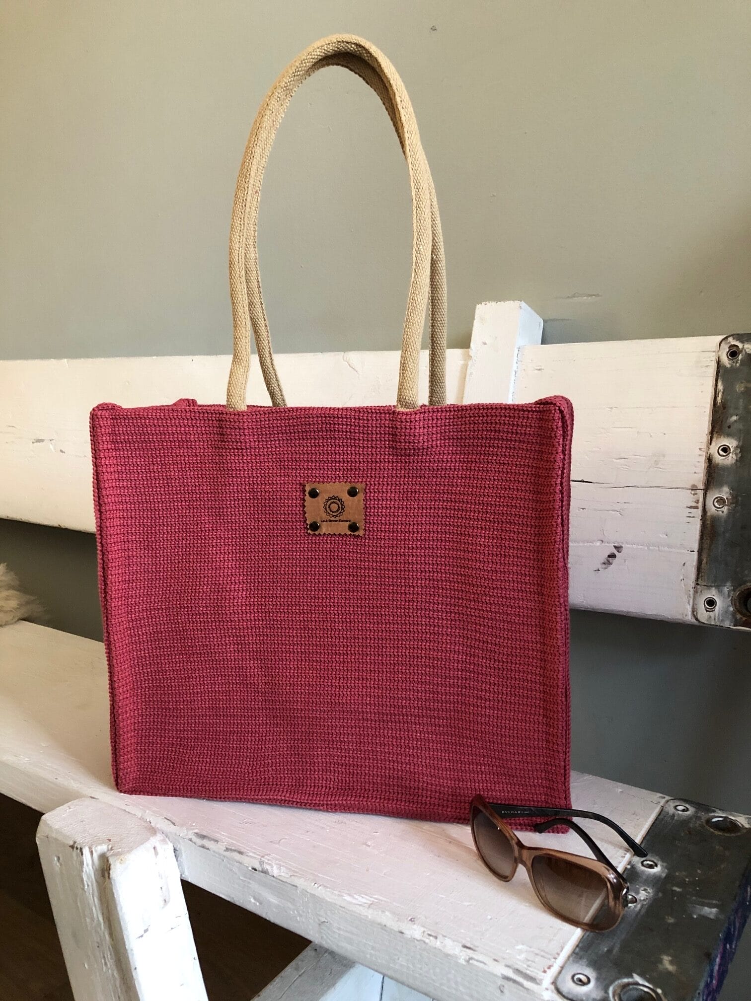 Duurzame jute shopper bekleed met koraalroze gebreide stof