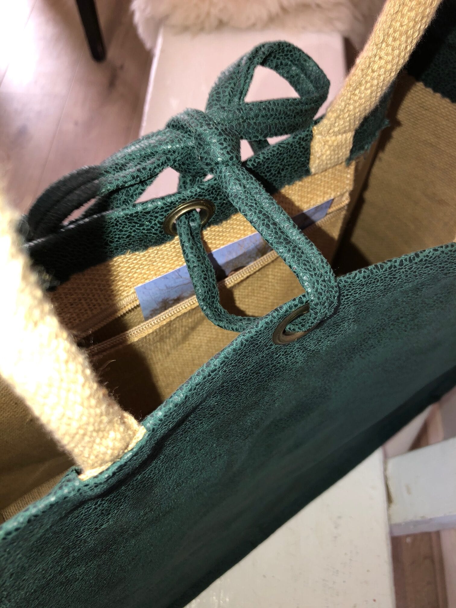 Duurzame jute shopper bekleed met mooie petrolgroene leatherlook - Afbeelding 3