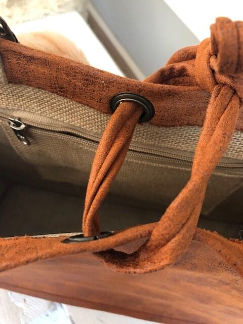 Duurzame jute shopper bekleed met cognackleurige gescrubd leatherlook - Afbeelding 2