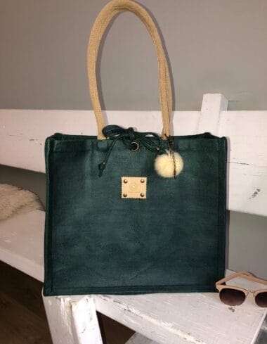 Duurzame jute shopper bekleed met mooie petrolgroene leatherlook