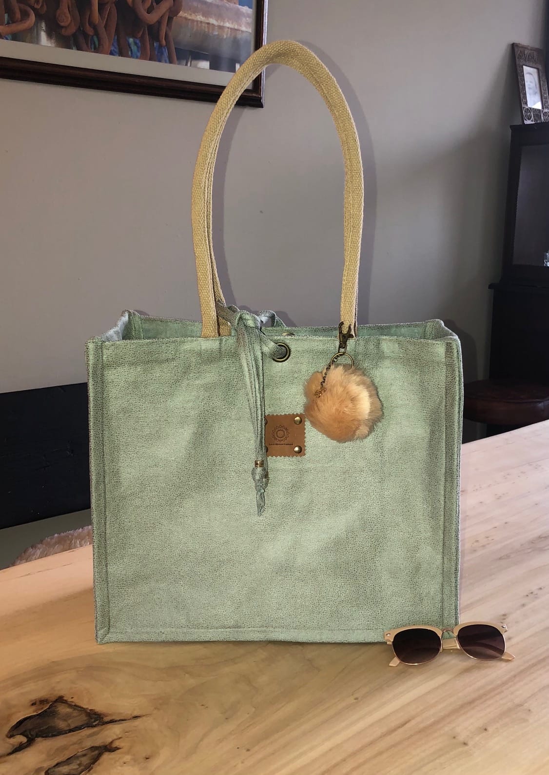 Duurzame jute shopper bekleed met mintgroene leatherlook