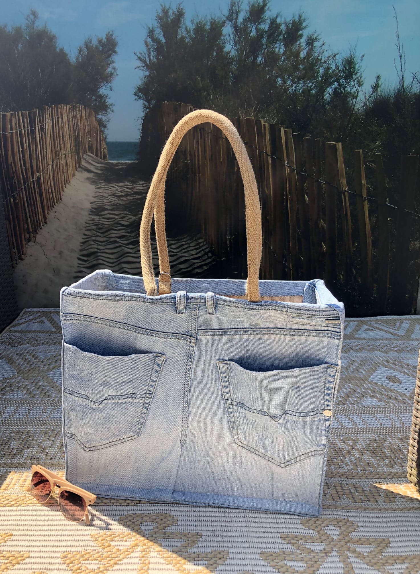 Duurzame jute shopper bekleed met blue denim (Ibizastyle) - Afbeelding 2