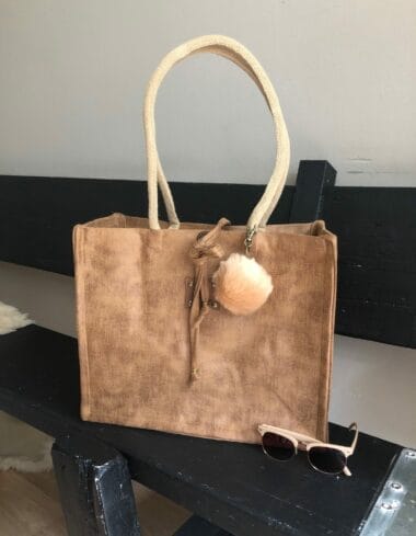 Duurzame jute shopper bekleed met camelkleurige leatherlook