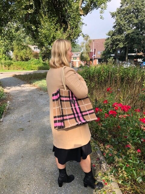 Duurzame jute shopper bekleed met geruite coocked wool Valentina - Afbeelding 4