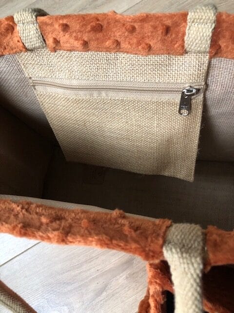 Duurzame jute shopper bekleed met zachte cognackleurige nopjesstof - Afbeelding 3