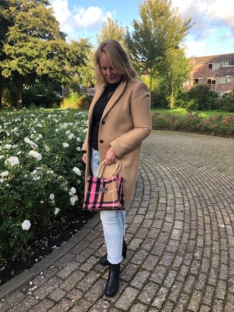 Kleine jute tas bekleed met geruite coocked wool Valentina - Afbeelding 4