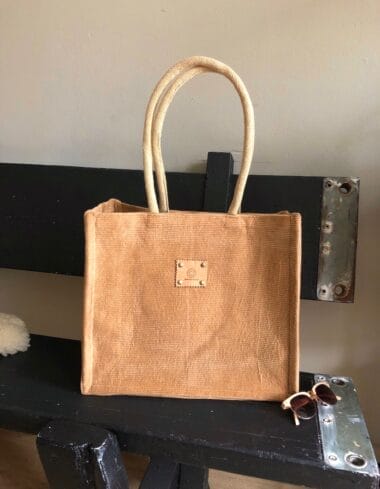 Duurzame jute shopper bekleed met camelkleurige ribcord