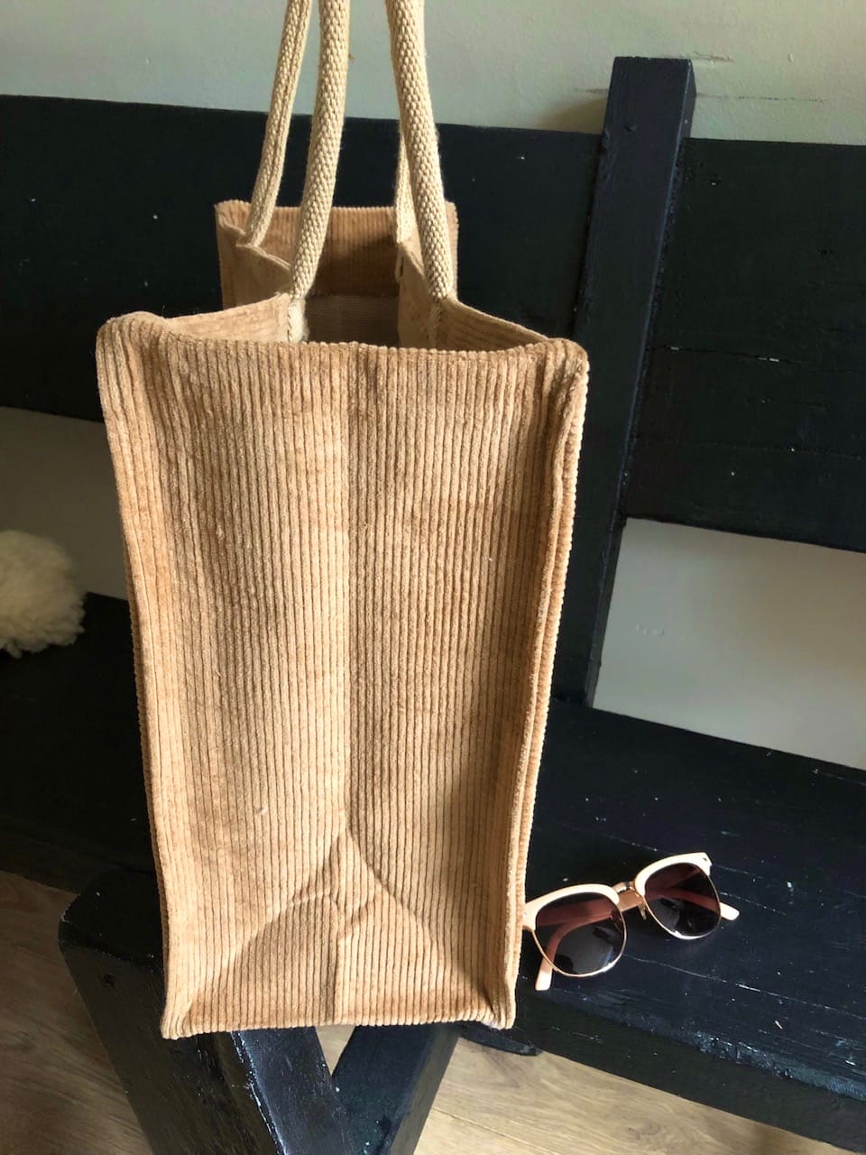 Duurzame jute shopper bekleed met camelkleurige ribcord - Afbeelding 2