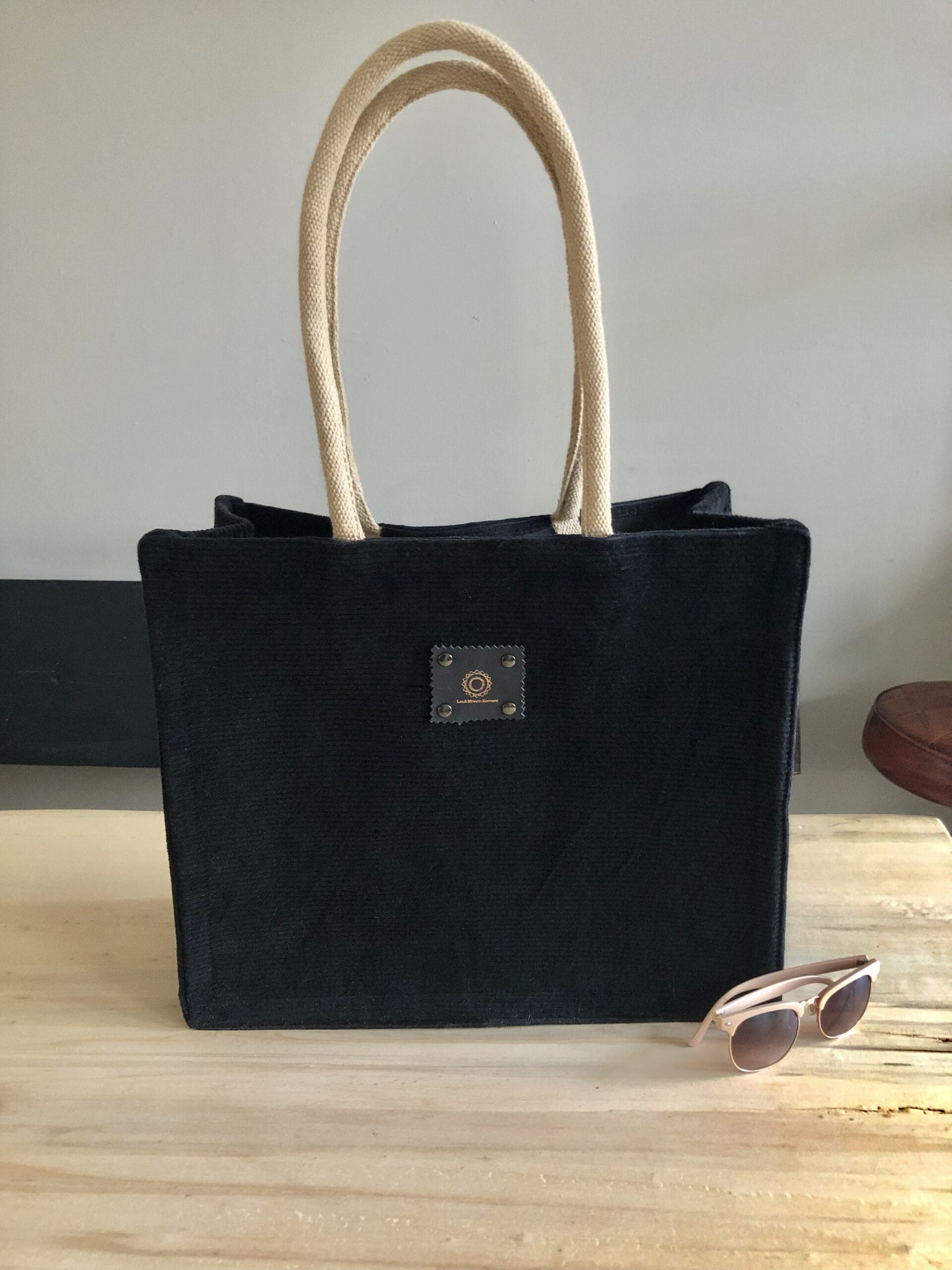 Duurzame jute shopper bekleed met zwarte ribcord