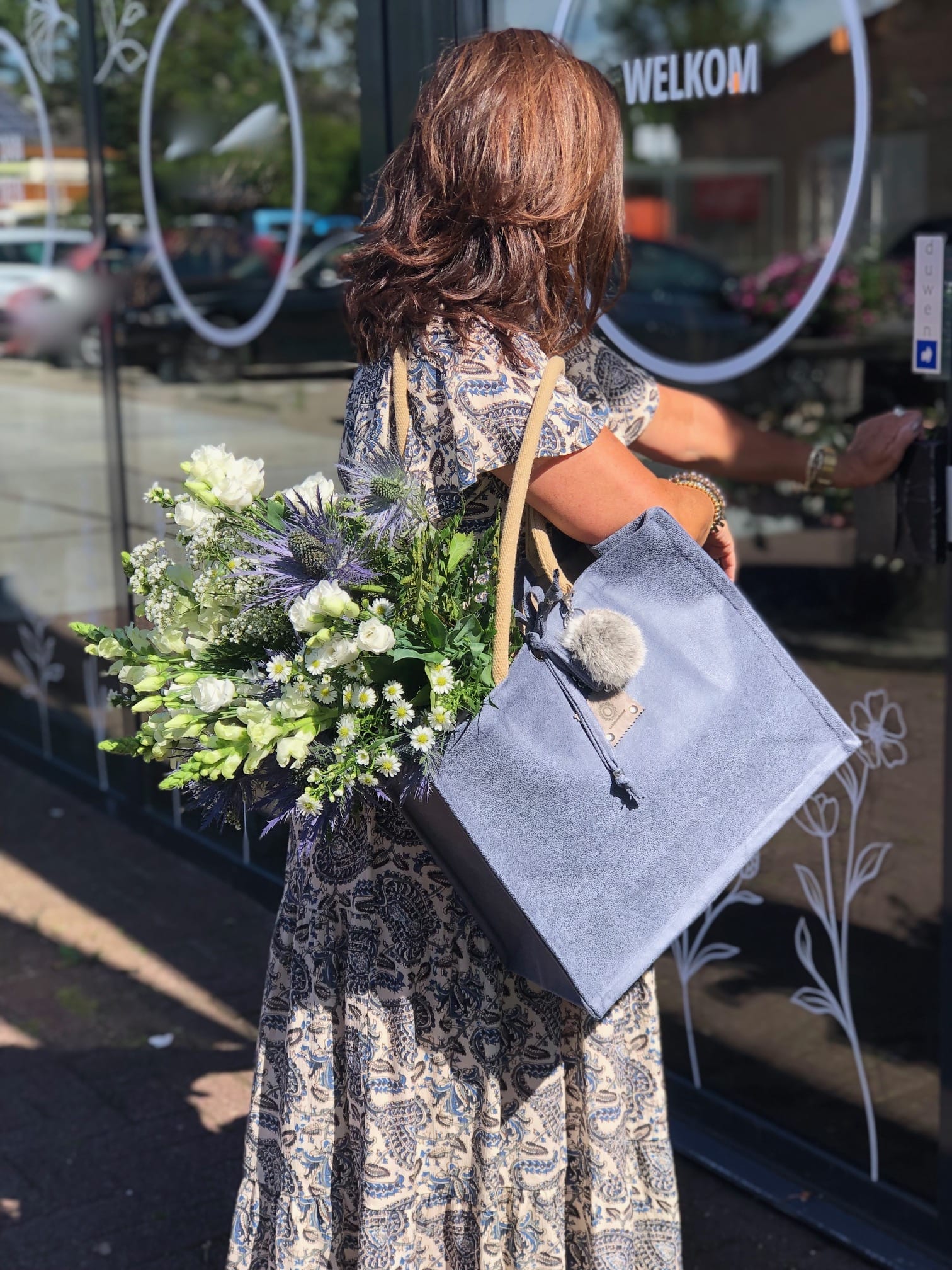 Duurzame jute shopper bekleed met jeansblauwe leatherlook - Afbeelding 3