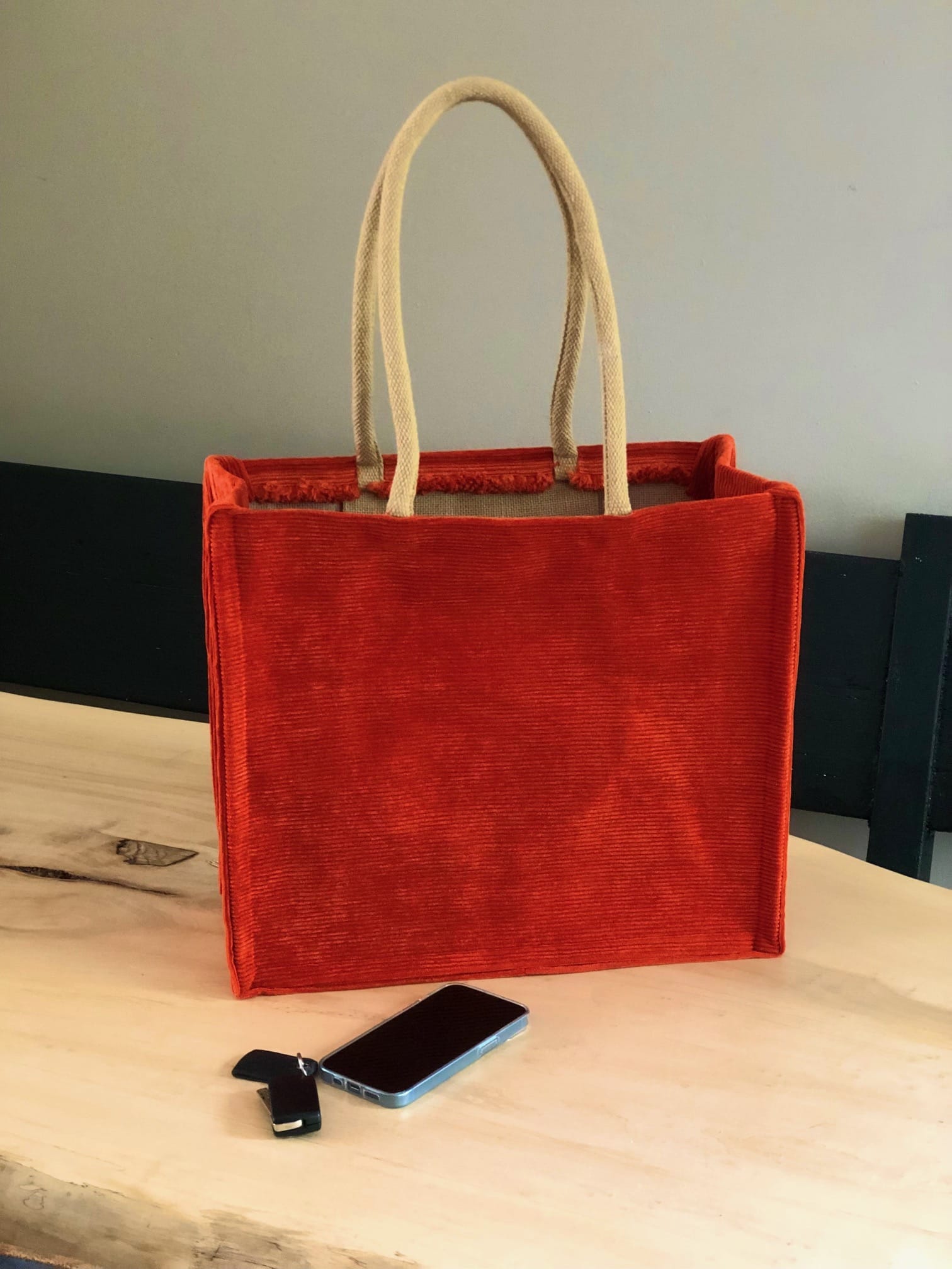 Duurzame jute shopper bekleed met oranje ribcord - Afbeelding 4