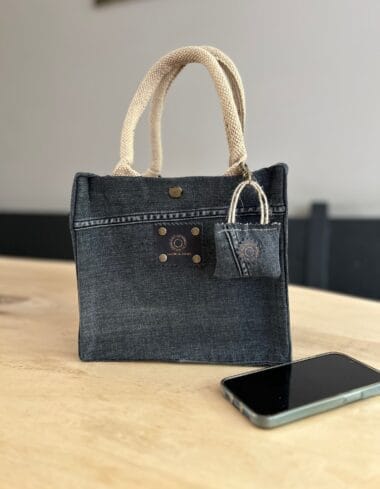 Kleine jute tas bekleed met black denim(ibizastyle)