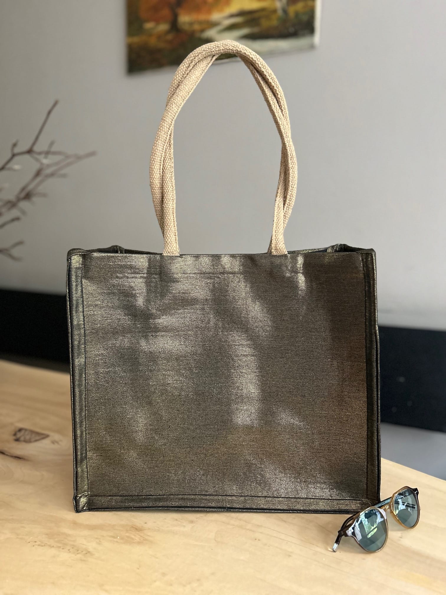 Shopper bekleed met black denim gold coated