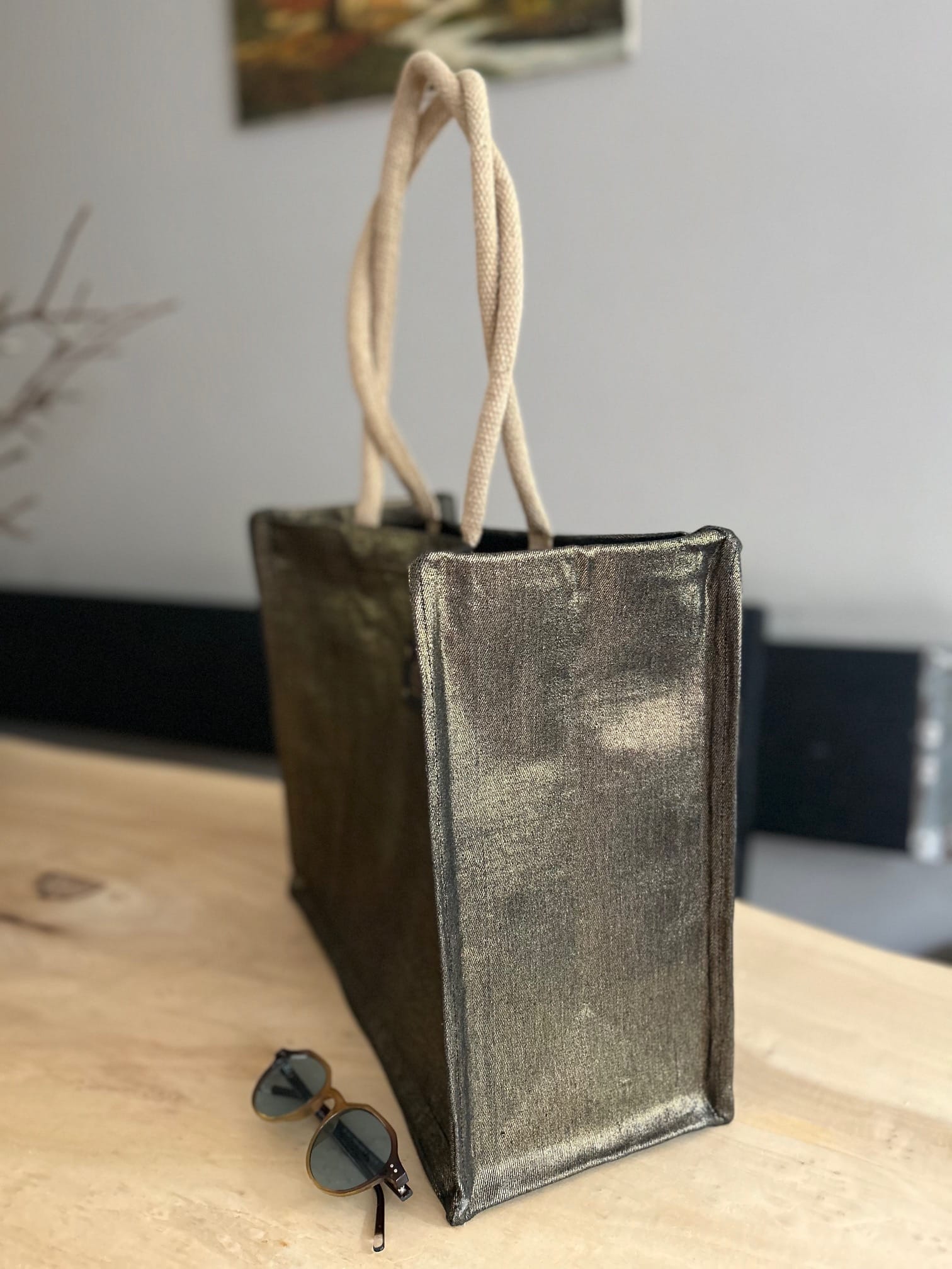 Shopper bekleed met black denim gold coated