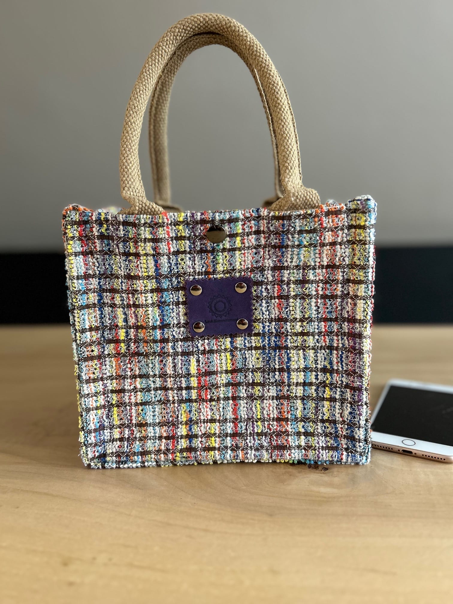 Kleine jute tas bekleed met chique Sjanelli multicolor