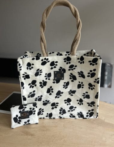 Jute shopper bekleed met stof met hondenpootjes off white